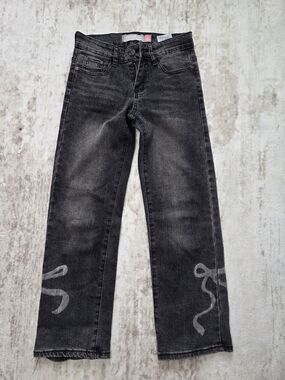 Girls' Black Washed Straight-Leg Jeans with Ribbon Accent